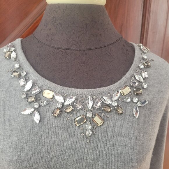 Chicos Gray Rhinestone Embellished Sweater Top Size 1 S Cotton/Nylon Blend Women - Picture 2 of 5